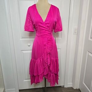 Nanette Lepore Womens precious Pink Metallic tiered waist Ruffle Midi Dress 8 **